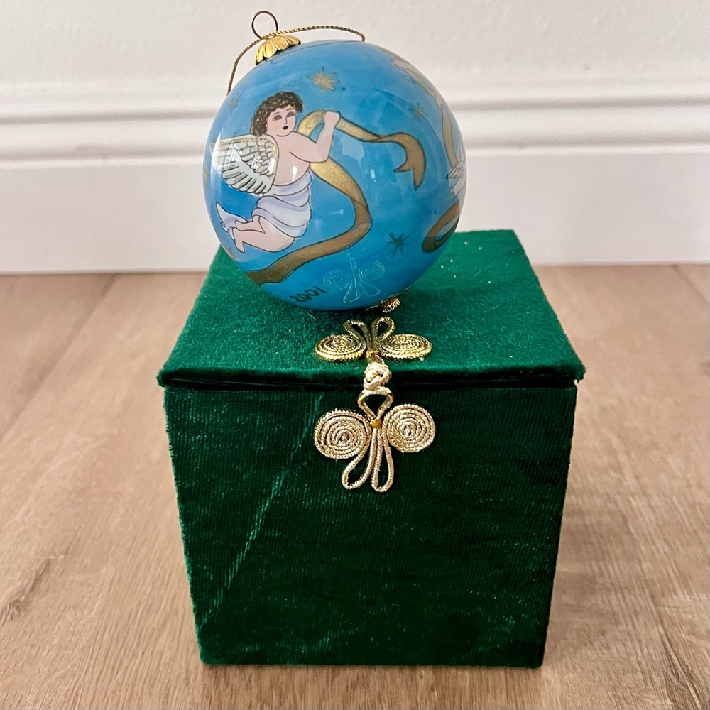 Pier 1 Imports Christmas Glass Ornament‎ Li Bien Blue Angle In Orignal Box